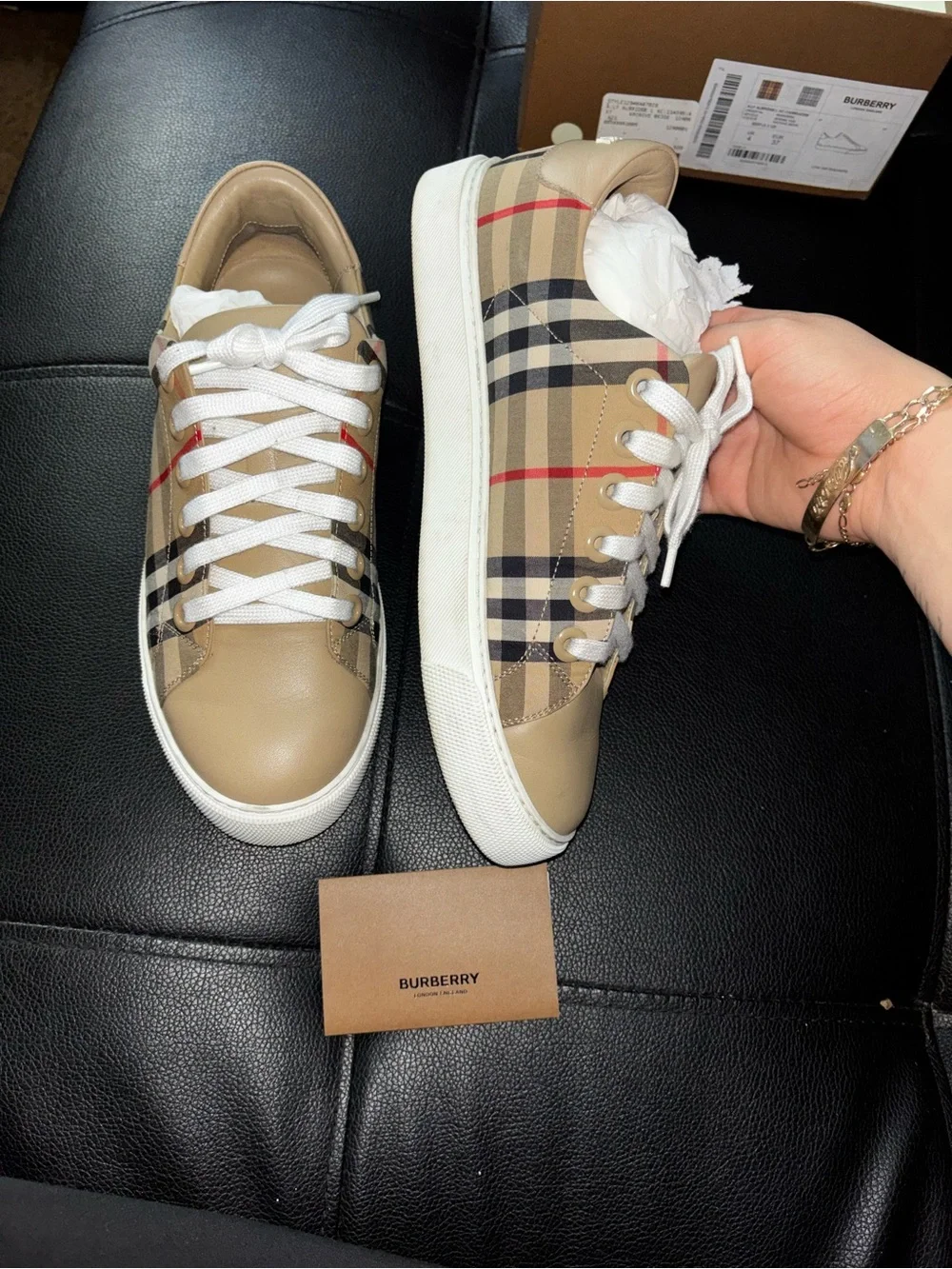 Burberry Beige Leather Sneakers with Signature Check Panels - Picture 4 of 7
